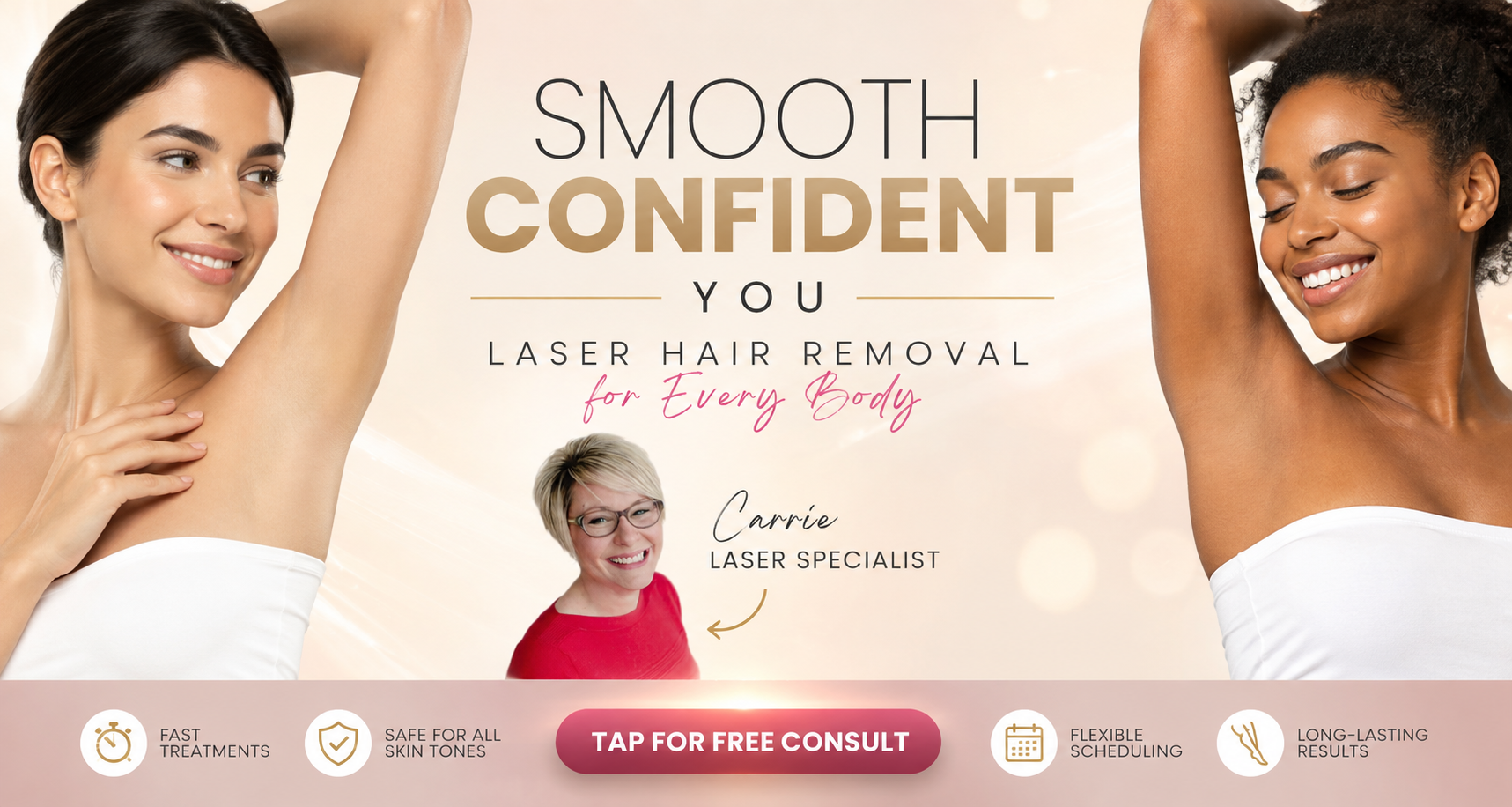 graphic showing two female, one light skinned, one dark skinned with smooth skin from laser hair removal