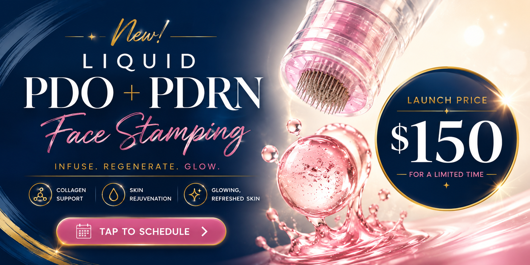 Promotional graphic for Liquid PDO + PDRN Face Stamping at Dr. Mantor’s Wrinkle & Weight Solutions, featuring a $150 limited-time launch price, collagen support, skin rejuvenation, minimal downtime