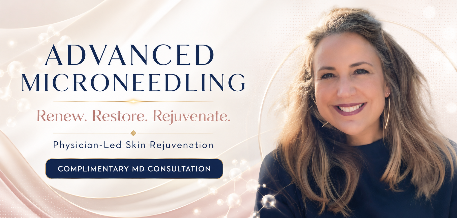 BOOK YOUR FREE MD CONSULT Dr. Gina Mantor featured in a physician-led microneedling banner promoting skin rejuvenation and free MD consultations.