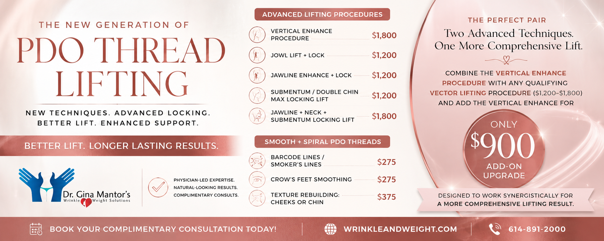 PDO thread lifting banner featuring advanced locking and Vertical Enhance techniques, smoothing threads, treatment pricing