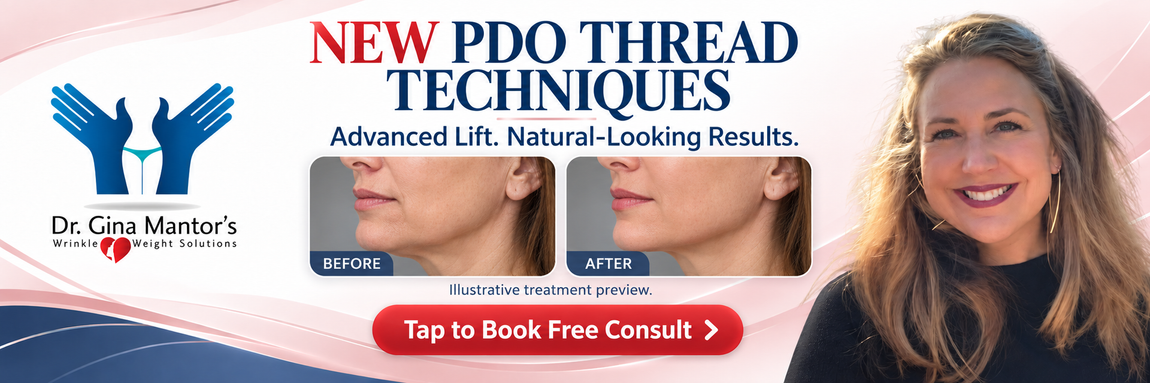 TAP TO BOOK NOW Dr. Gina Mantor with illustrative PDO thread before-and-after preview and free consultation CTA.