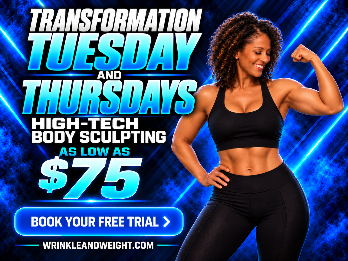 TAP TO BOOK FREE TRIAL transformation tuesday body sculpting sale - call now for your free emsculpt trial