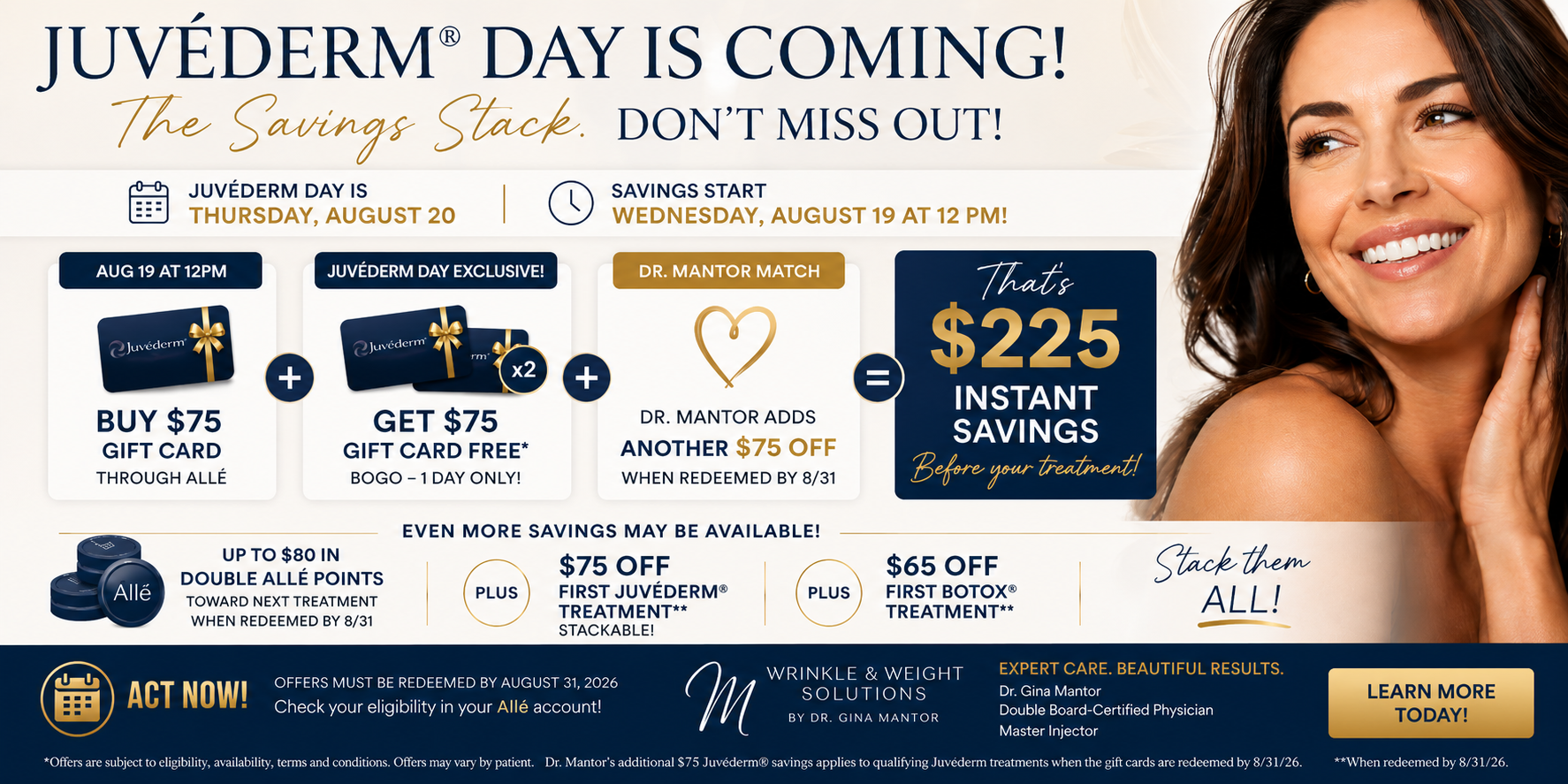 Save on Juvéderm treatments this August with Juvéderm Day gift cards, bonus savings and special offers at our Westerville medical spa.