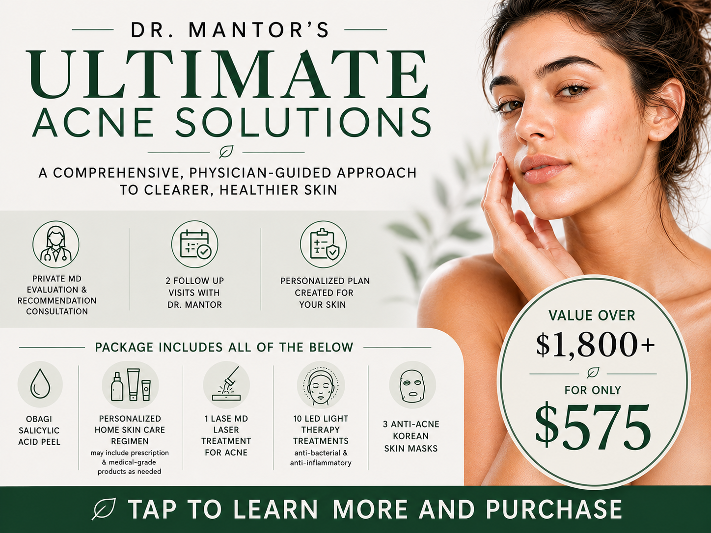 graphic displaying female with acne issues enjoying our md managed acne solutions package