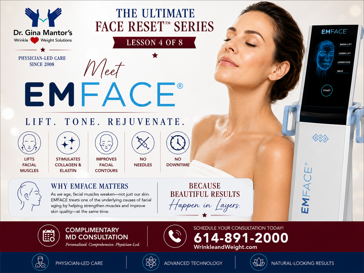 Experience wrinkle reduction and facial lifting with EMFACE™, the non-invasive treatment for skin and muscle toning.