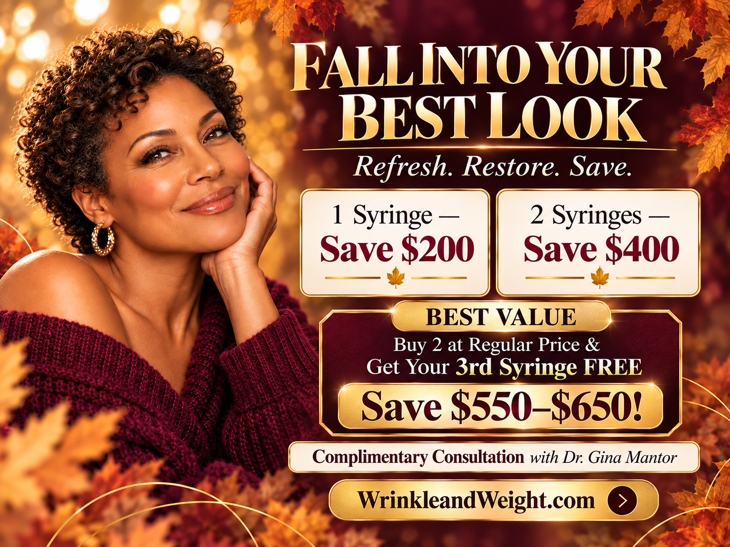 CLICK TO CALL Elegant banner featuring a woman: Save $200 per syringe of filler, excluding Obagi. Call 614-891-2000 to book.