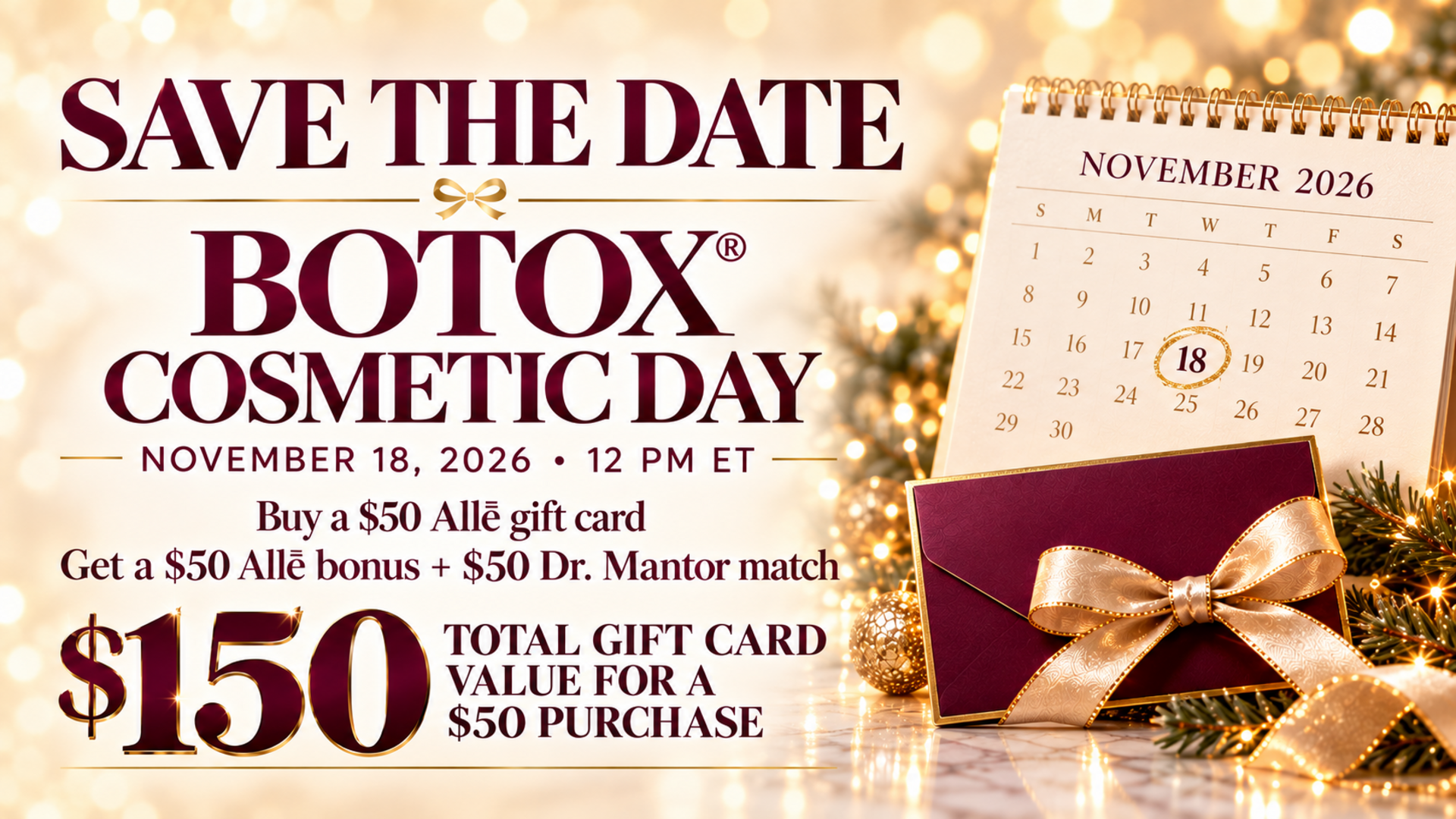 BOTOX Cosmetic Day banner for Nov. 18 at noon ET, featuring $150 in gift card value and Dr. Mantor’s $50 match.