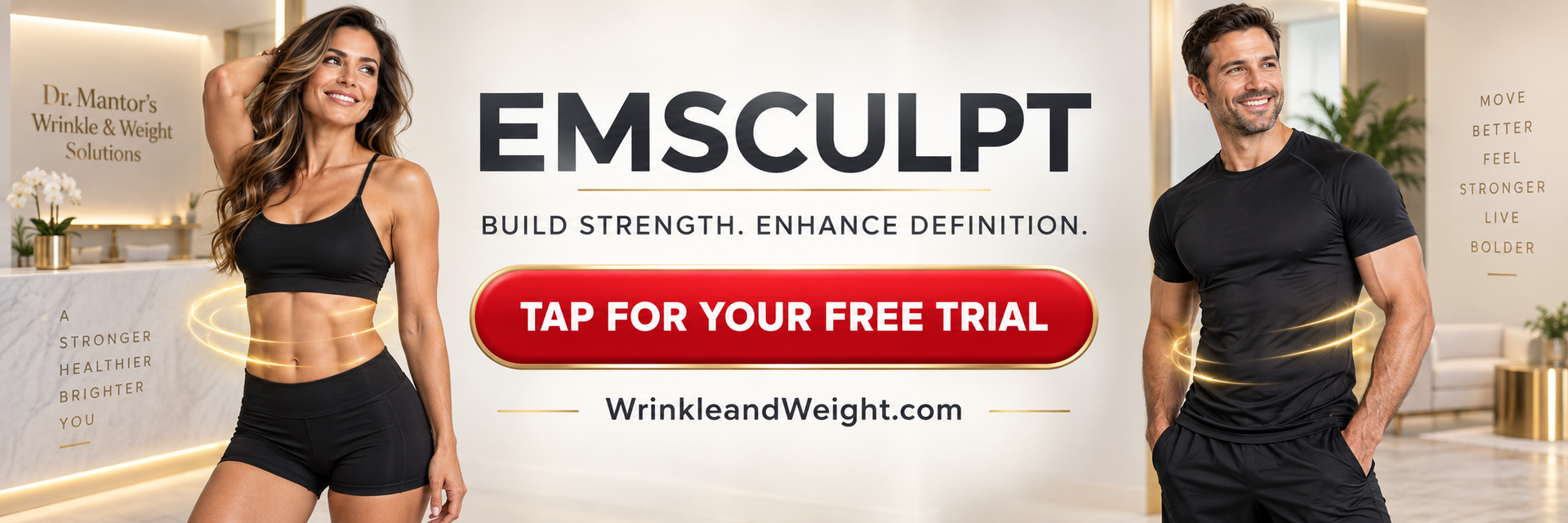 Male and female in athletic wear promote EMSCULPT muscle toning and a free trial at Dr. Mantor’s in Westerville.