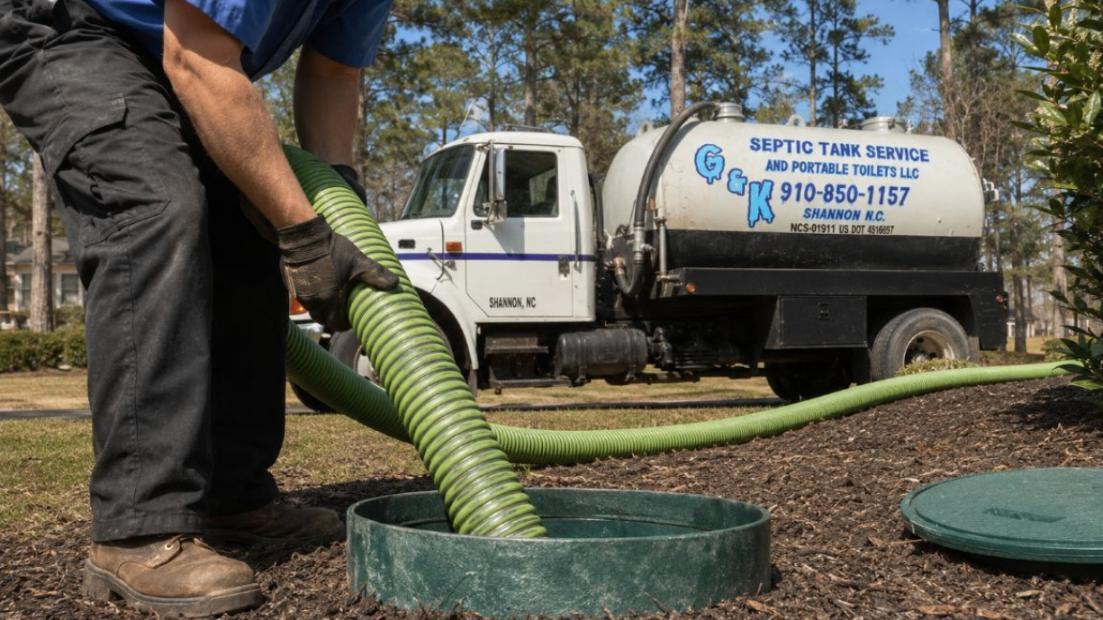 Worker cleaning a green septic tank cover beside a white service truck in a wooded yard