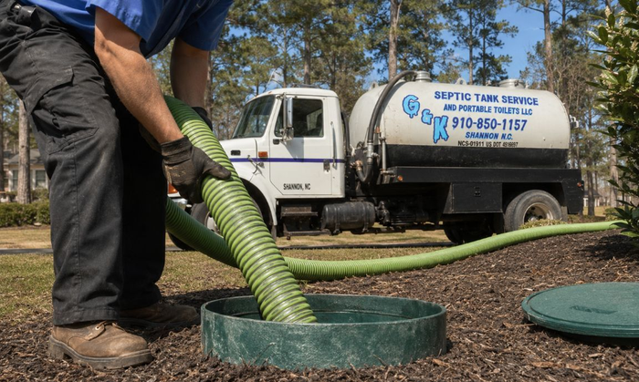 Worker inserting green drainage pipe into ground beside a utility truck outdoors