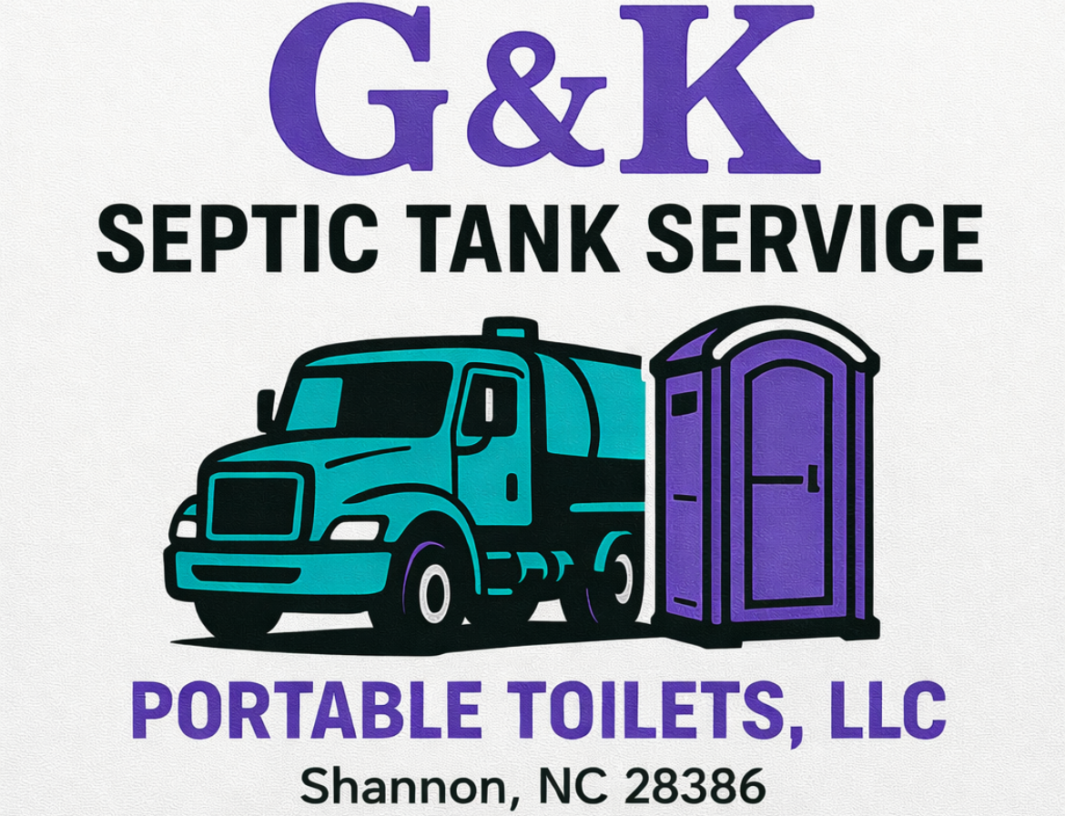 G&K Septic Tank Service logo with teal truck, purple porta potty, and “Portable Toilets, LLC” in Shannon, NC