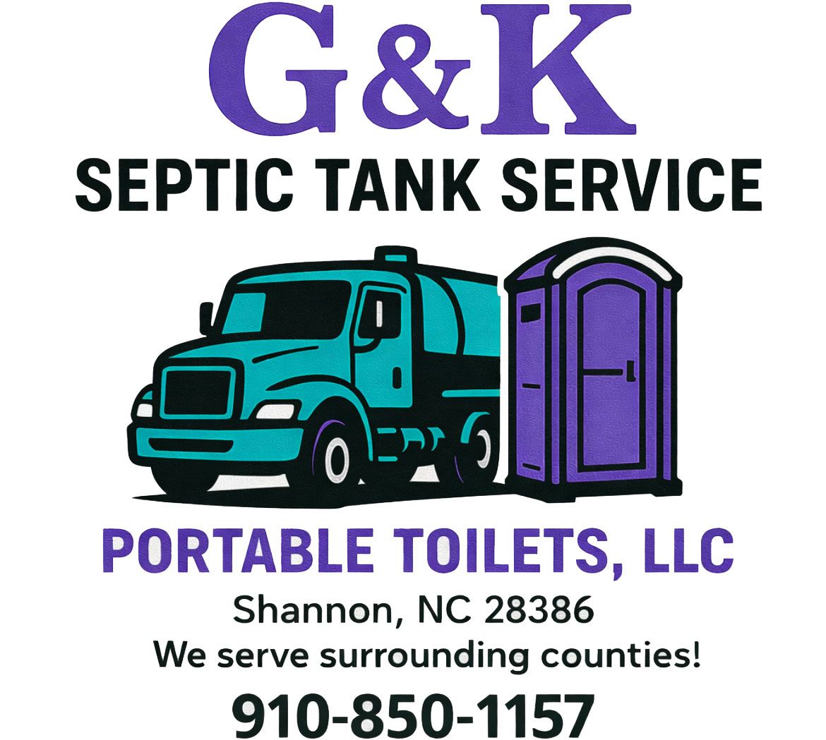 G&K Septic Tank Service logo with teal truck and purple porta potty, Shannon, NC, phone 910-850-1157