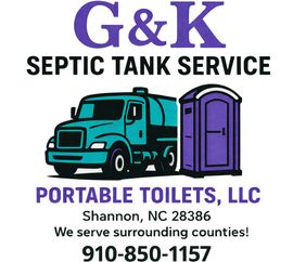 G&K Septic Tank Service logo with teal truck and purple porta potty, Shannon, NC, phone 910-850-1157