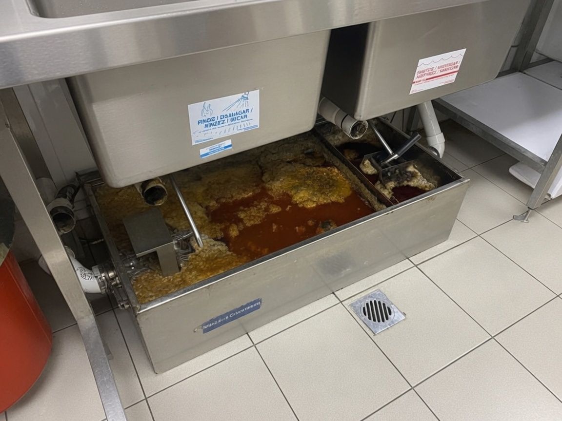 Commercial kitchen fryer with open grease-filled basin and drain pan on tiled floor in Pinehurst NC