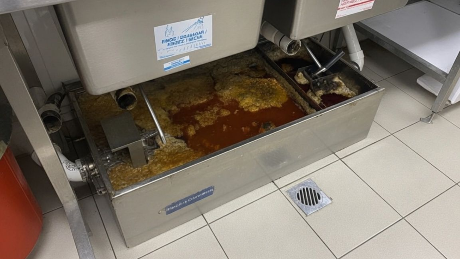 Greasy drip tray under a commercial fryer, with pooled oil and food debris on white tile floor