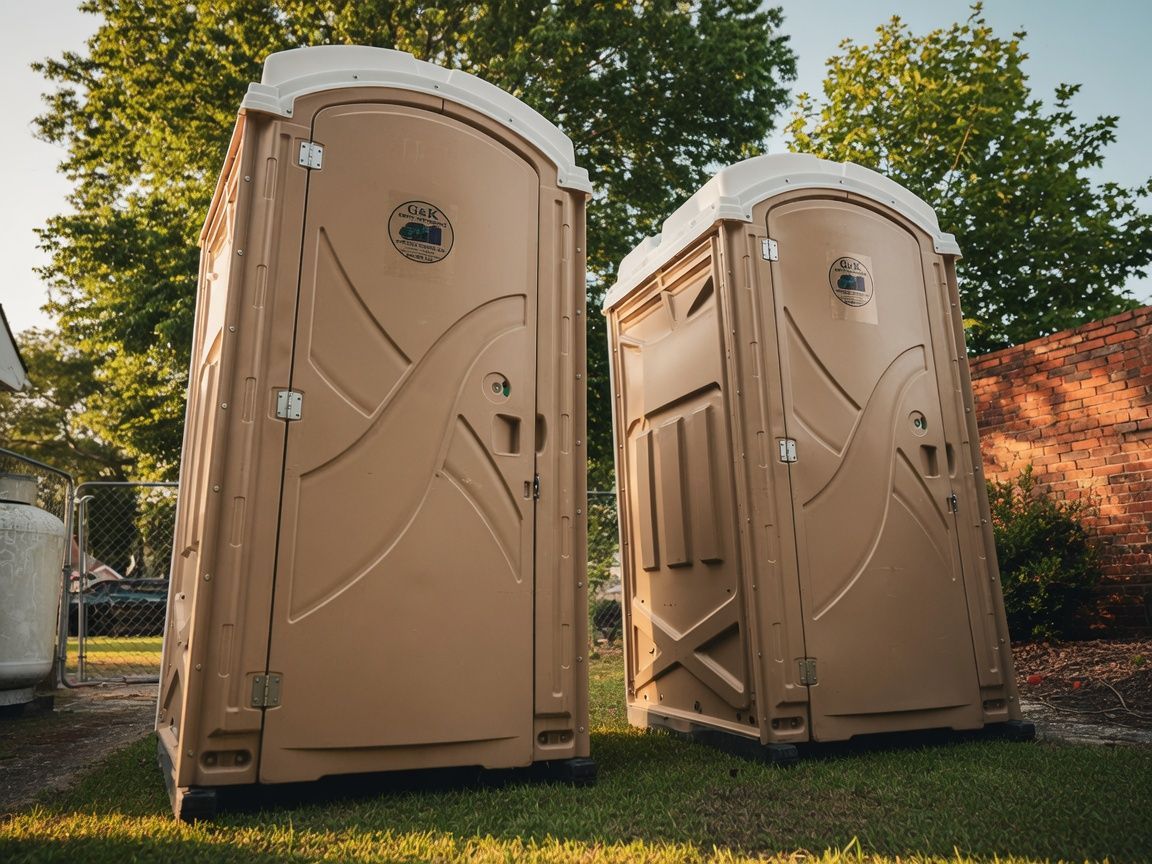 Two tan portable toilets standing on grass under trees outdoors