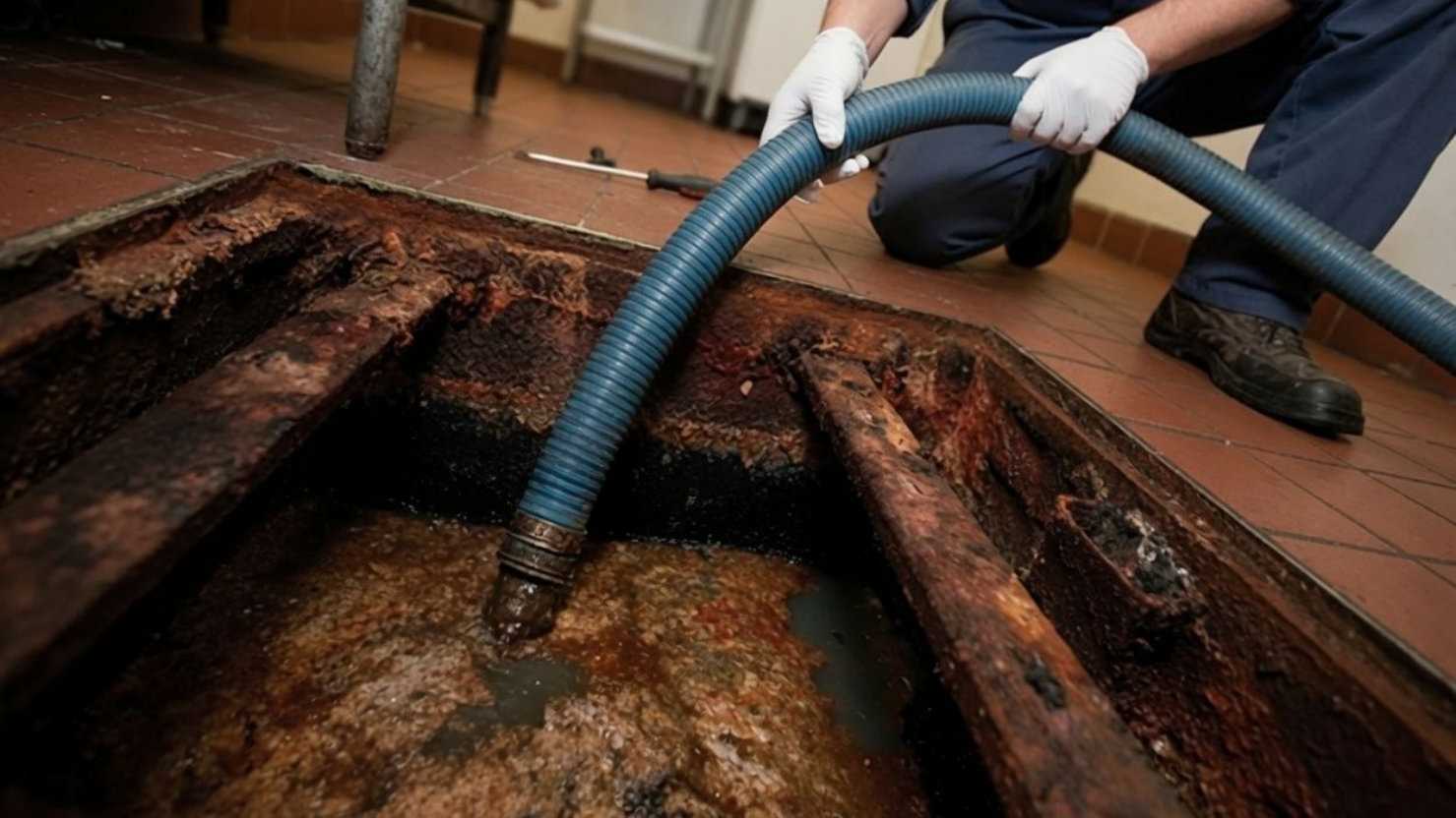 Worker vacuuming muddy water from a flooded crawl space with a blue hose