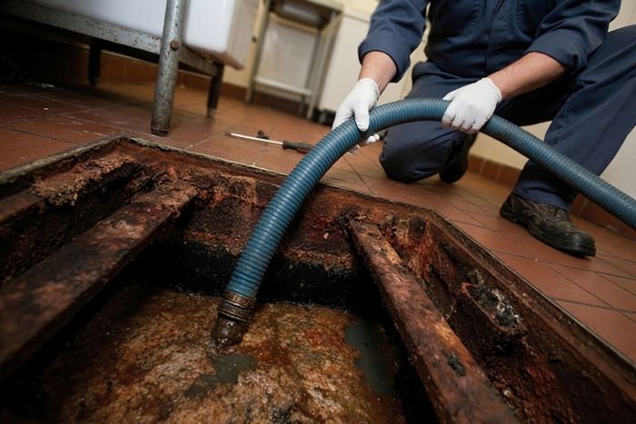 Worker in gloves using a hose to clean a rusty floor drain or pit indoors.