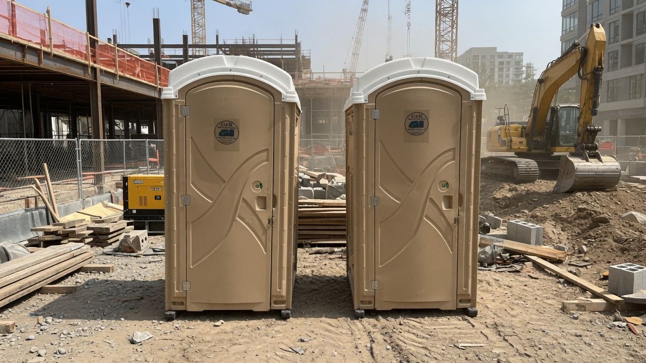 Two beige portable toilets at a dusty construction site with excavator and building framework in the background