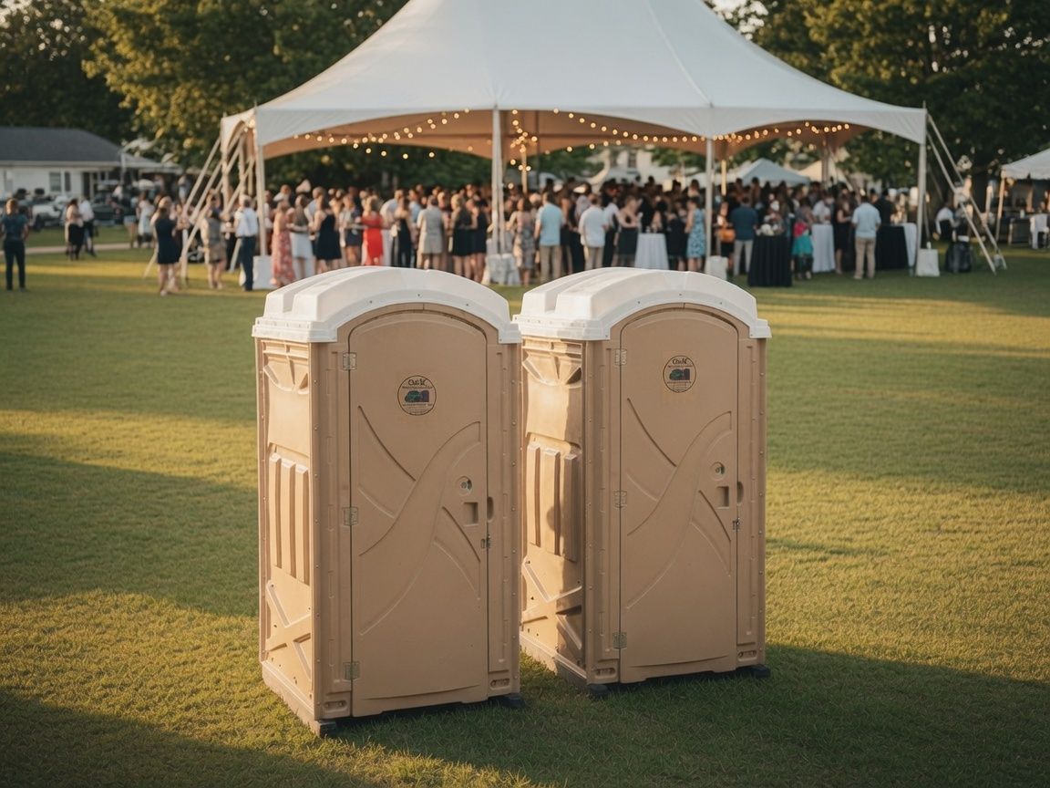 Two portable toilets on a grassy lawn in front of a white event tent with guests inside in Aberdeen NC