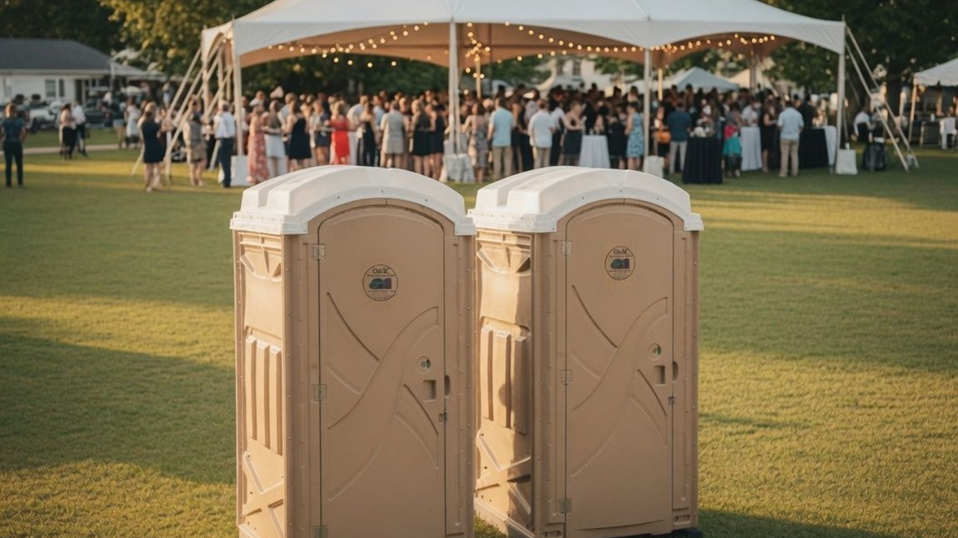 Two portable toilets on a grassy field with a large crowd gathered under a white event tent in the background