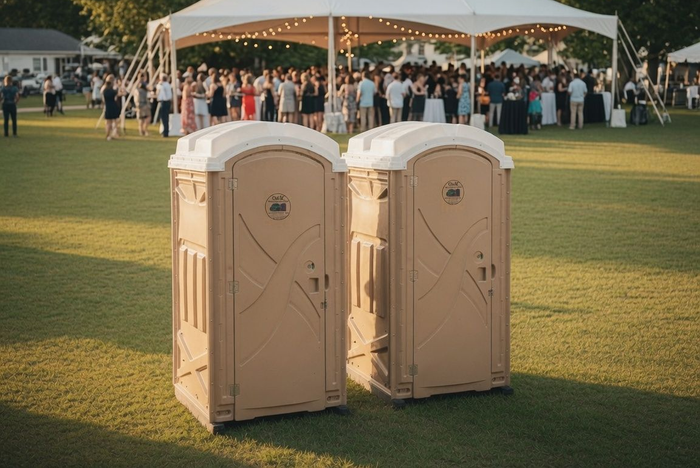 Two beige portable toilets on a grassy field in front of a crowded outdoor event tent