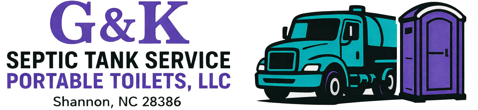 G&K Septic Tank Service logo with teal truck and purple portable toilet; “Portable Toilets, LLC” text