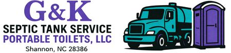 G&K Septic Tank Service logo with teal truck and purple portable toilet; “Portable Toilets, LLC” text