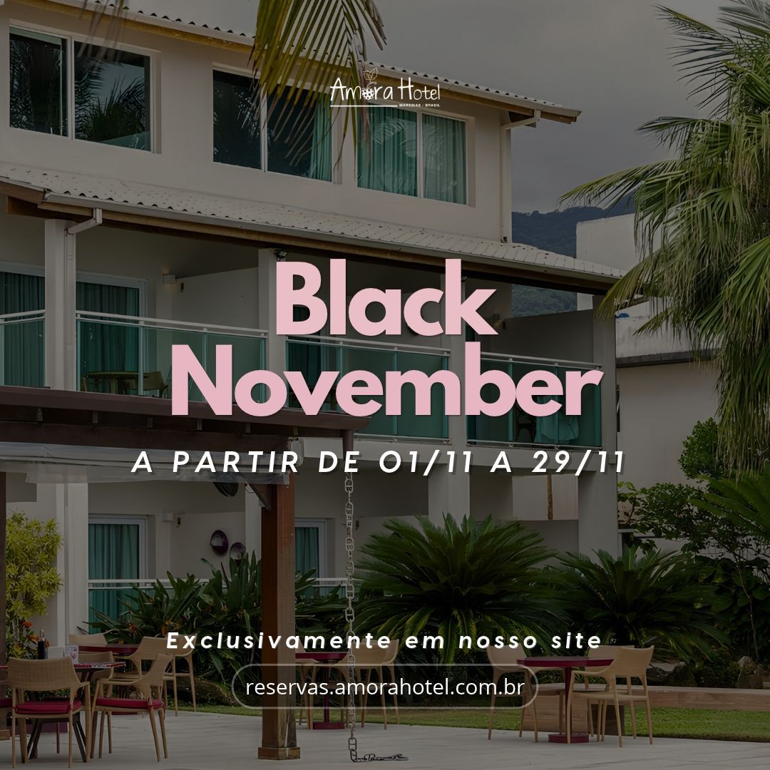 Banner Black November com desconto de até 45% no Amora Hotel pé na areia em Maresias
