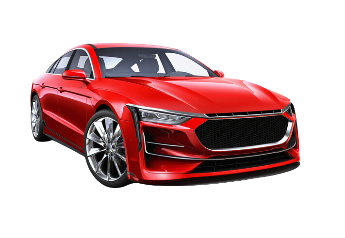 Red sports car with silver wheels.