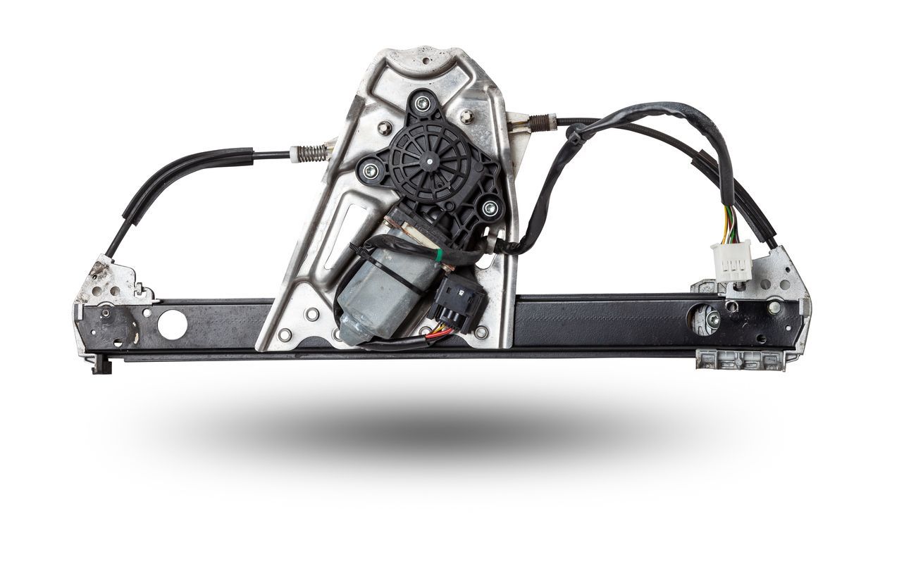 Car window regulator assembly on a white background.