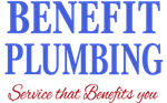 Benefit Plumbing logo with blue text and red tagline, &ldquo;Service that Benefits you&rdquo;
