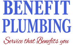 Benefit Plumbing logo with blue text and red tagline, &ldquo;Service that Benefits you&rdquo;
