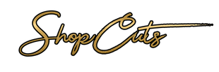 Gold cursive text that reads "Shop Cuts" against a plain background.