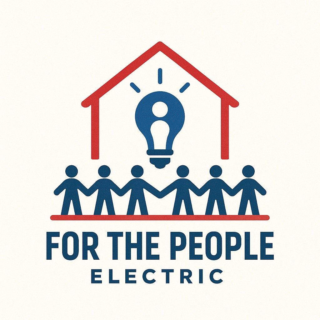 “For the People Electric” logo with five people holding hands under a house and lightbulb icon