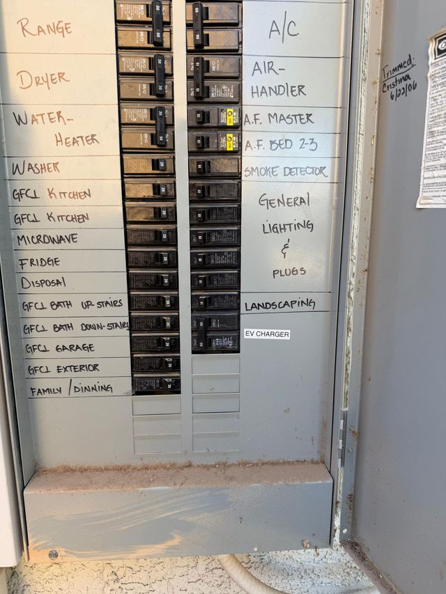 Electrical breaker panel with handwritten circuit labels in a utility closet