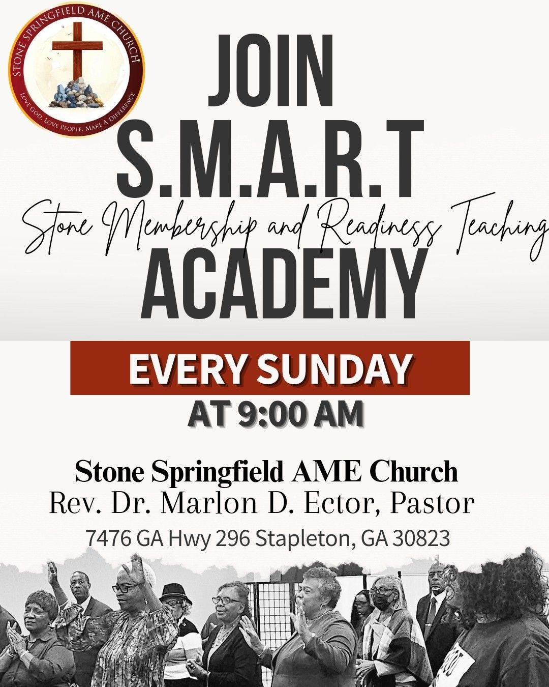 A poster that says `` join s.m.a.r.t academy every sunday at 9:00 am ''