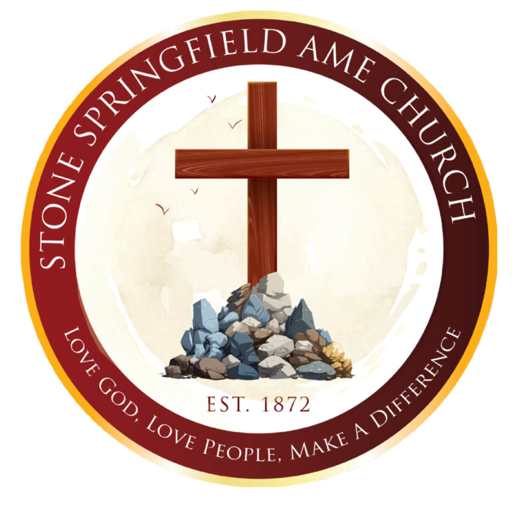A logo for stone springfield ame church with a cross on top of a pile of rocks