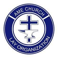 The logo for the ame church lay organization has a cross and an anvil in a circle.