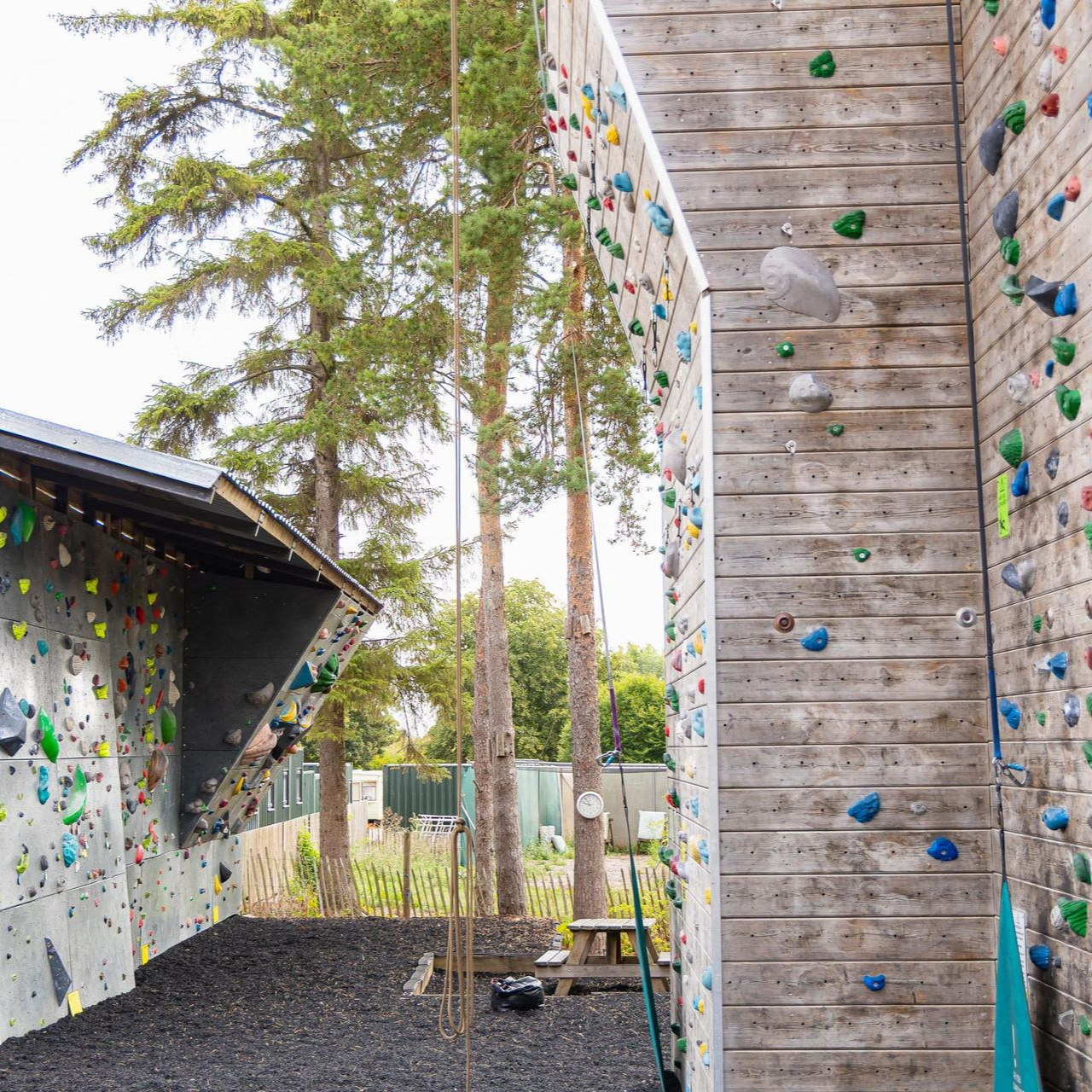 A group of people are climbing a climbing wall