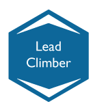 A blue hexagon with the words `` lead climber '' written inside of it.