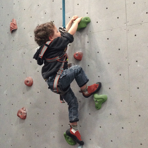 A young boy is climbing up a climbing wall