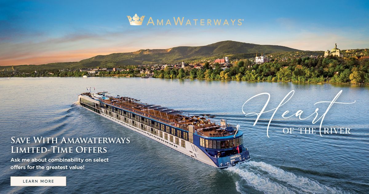 AmaWaterways river cruise ship with village and mountains in the distance and text