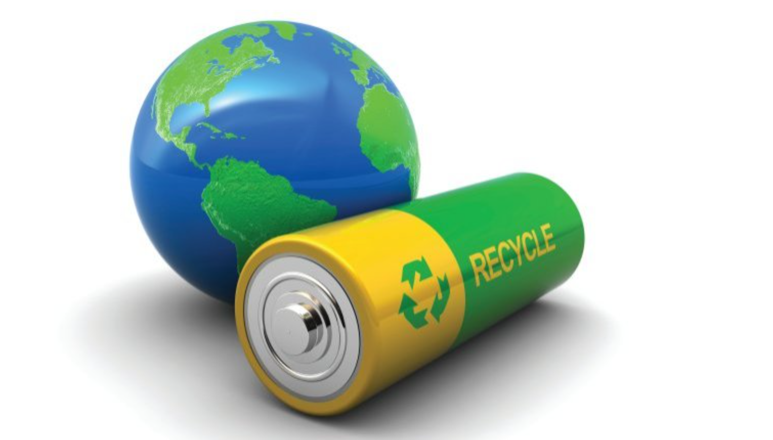Uma bateria verde e amarela reciclável ao lado de um globo