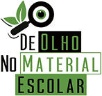 Um logotipo para de olho no material escolar com uma lupa e folhas.