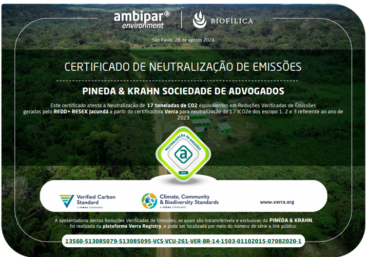 A certificate that says ' certificado de neutralizacao de emissoes pineda & kraus sociedade de advogados ' on it
