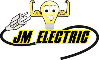 A logo for jm electric with a light bulb and a plug.