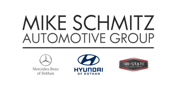 A logo for mike schmitz automotive group with logos for mercedes benz , hyundai , and dothan marine.