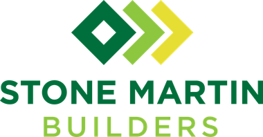 The logo for stone martin builders is green and yellow with arrows pointing in opposite directions.