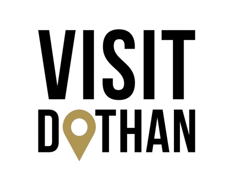 A logo that says visit dothan on a dark background